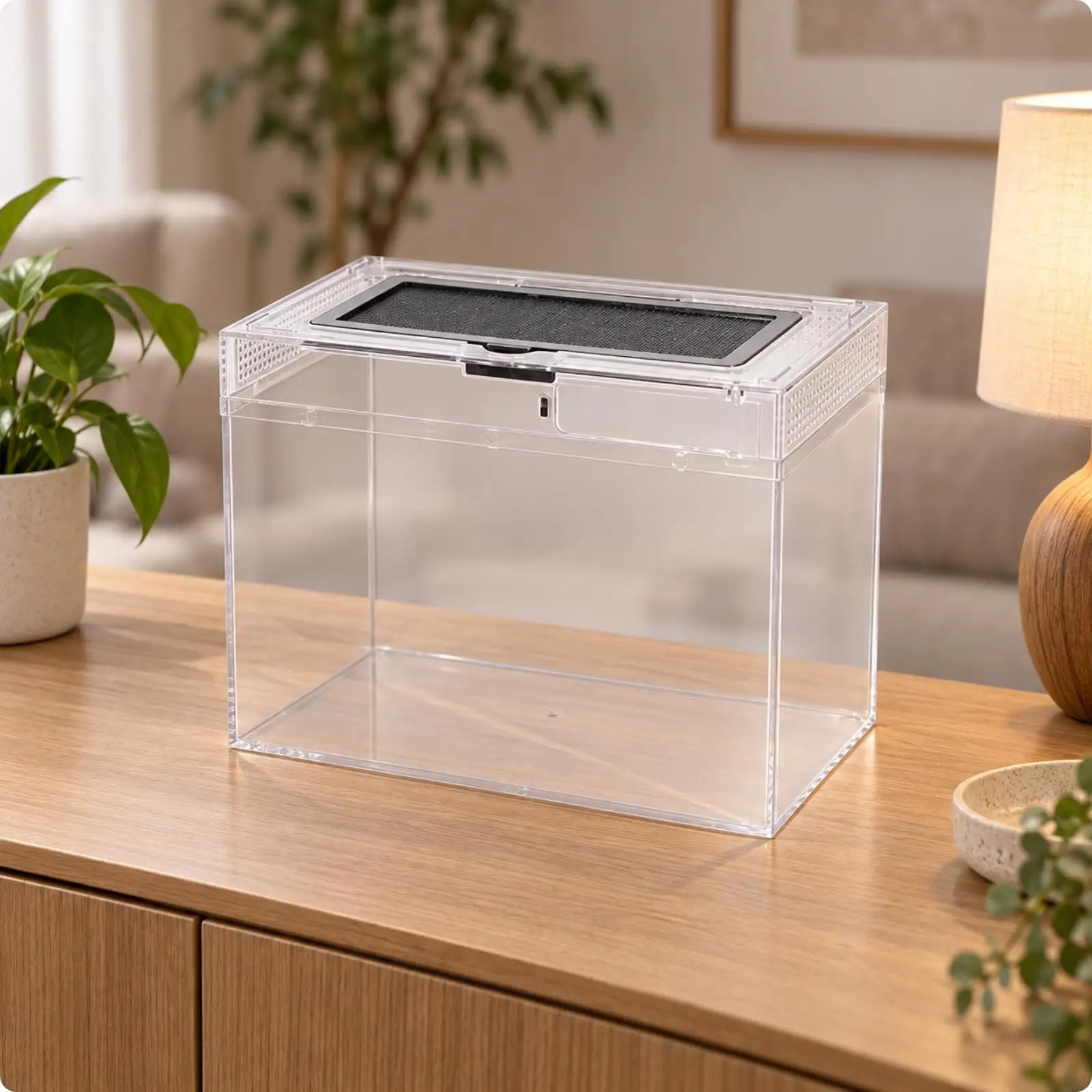 Acrylic Turtle Terrarium with Secure Latch and Mesh Ventilation for Small Turtle Habitat Desktop Reptile Enclosure for Pet Care