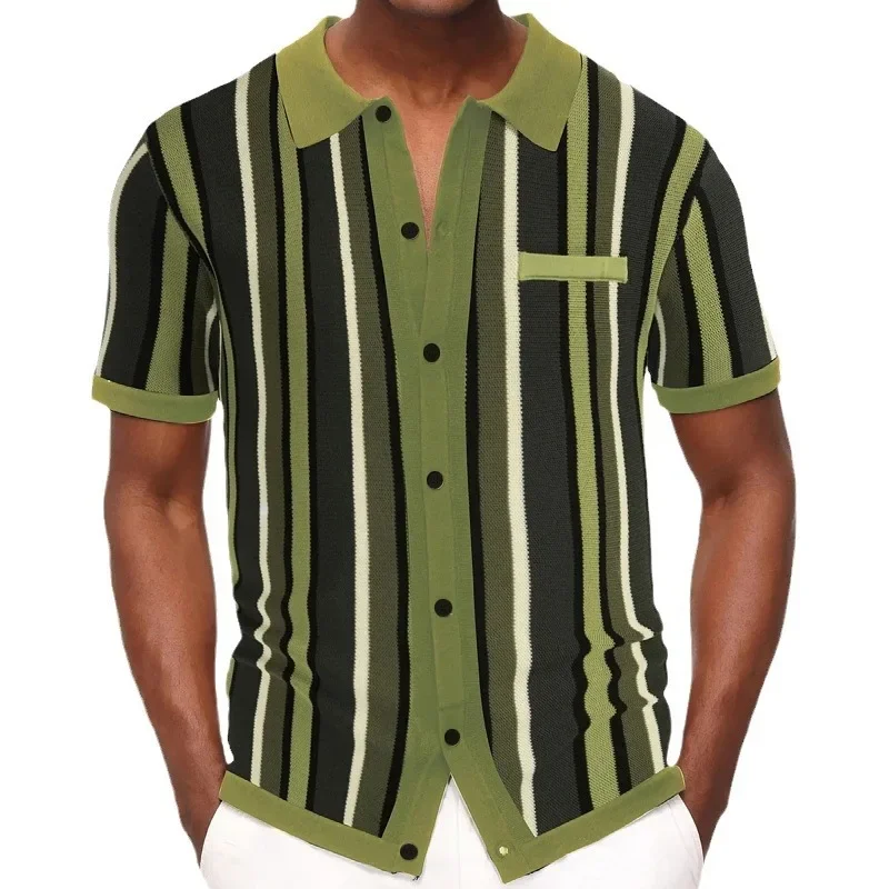 

Поп-новый мужской летний кардиган, вязаная футболка, деловая высококачественная тонкая рубашка-поло с короткими рукавами и лацканами в полоску, повседневная модная мужская рубашка-поло M-