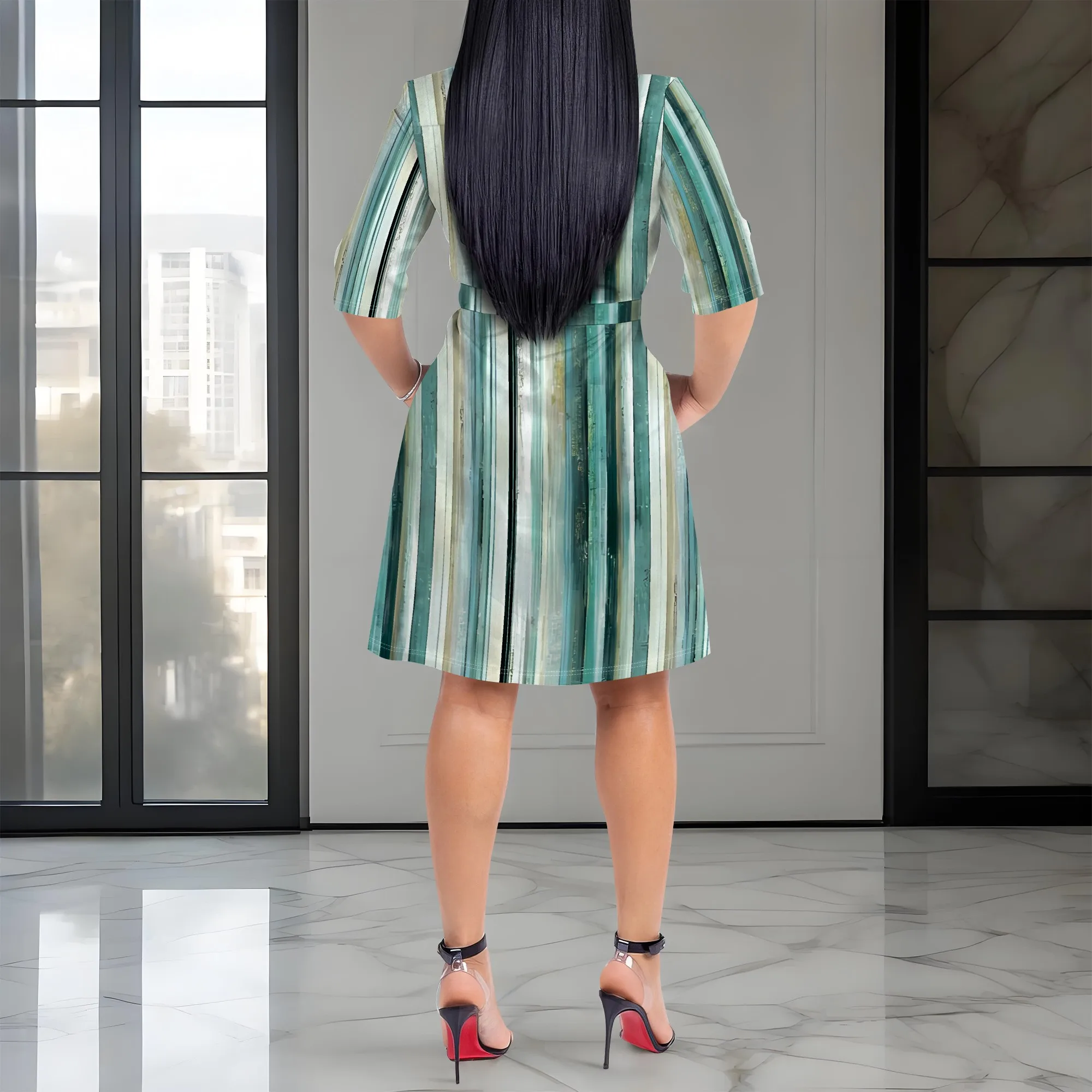 Nupusa Robe imprimée rayée pour femme Taille standard Robe d'été décontractée à col chemise et demi-manches