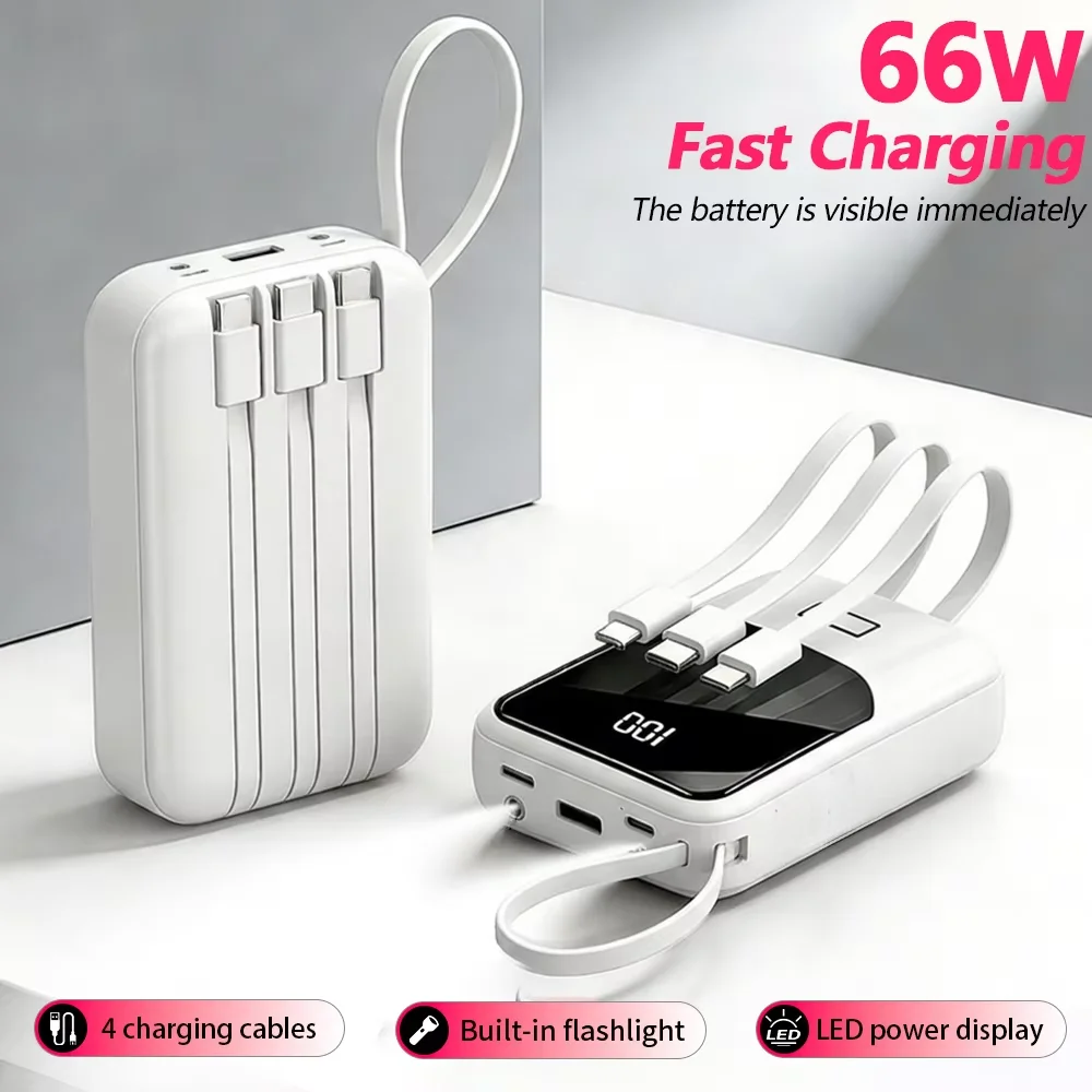 10000mAh Powerbank PD66W Schnellladegerät mit integrierten 4 Kabeln & LED-Taschenlampe, externer Akku kompatibel mit Smartphones, leichte Stromquelle für Alltag, Business, Camping, Reisen, Outdoor