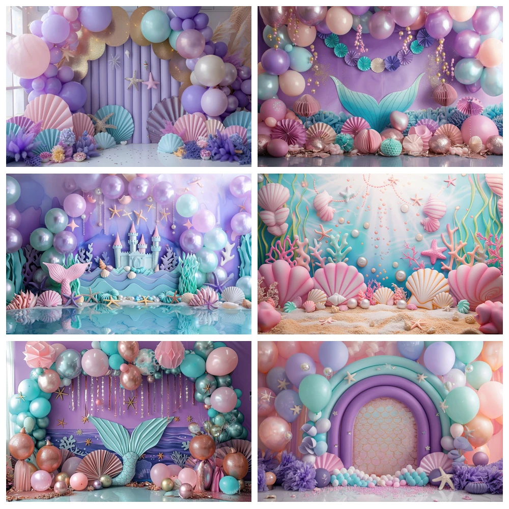 

Mermaid Princess Birthday Photography Background Fish Tail Starfish Shell Cartoon Castle Balloon Baby Shower Portrait Backdrops
