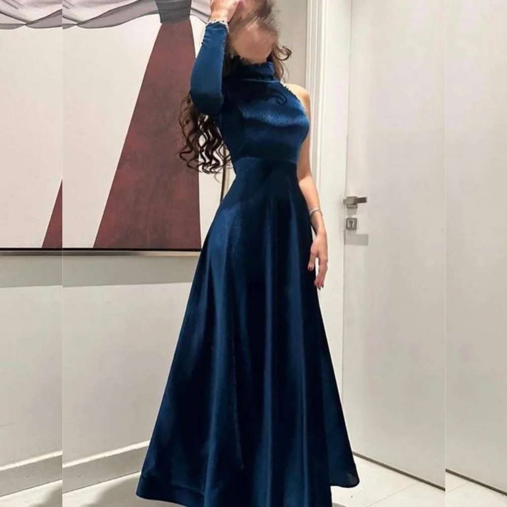 

Customized Fashion Velour Pleat A-line High Collar Long Dresses Bespoke Occasion Dresses Matching High Quality