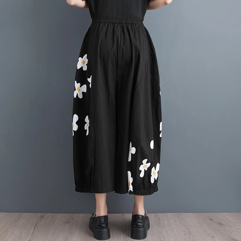 #2907 Floral Print Wide Leg Pants High Waisted Vintage Baggy Pants Female Thin Loose Calf-length Black Trousers Women Streetwear