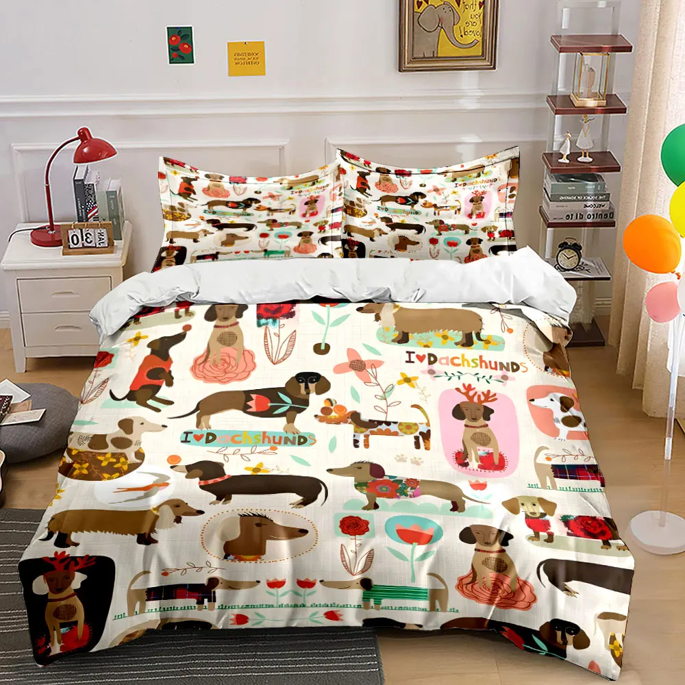 Dachshunds and Floral Patterns Pattern Duvet Cover Set Digital Print Colorful Polyester Bedding with Zipper Closur for gifts