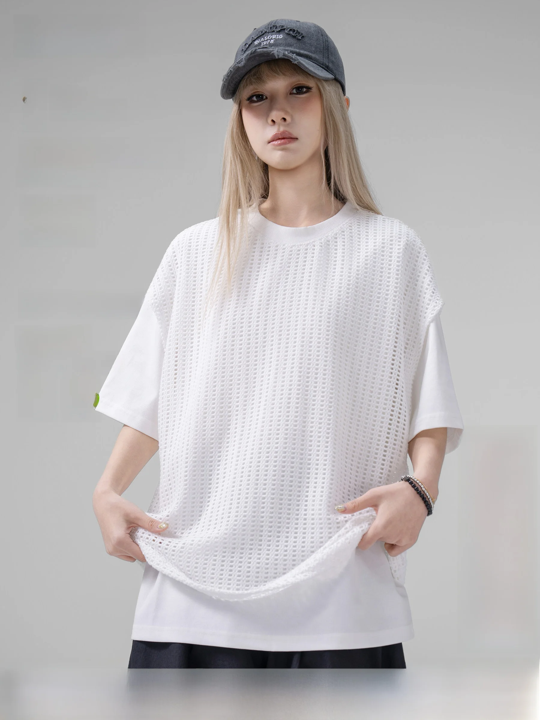 AOGZ Ice Silk Cool Feeling Hollow out Short Sleeve T-Shirt Men's Summer Design Sense Five-Quarter Sleeve Loose Fit Casual Style