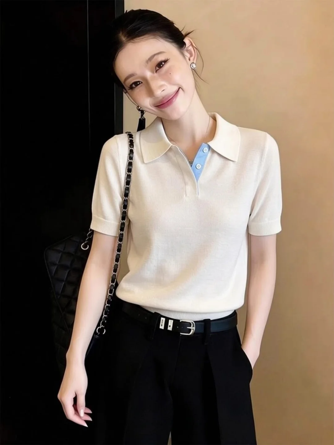 

Retro Color Block Knitted Short Sleeve T-Shirt Women Summer Unique Collar up Shirt Korean Artistic Style Soft Ice Silk M...
