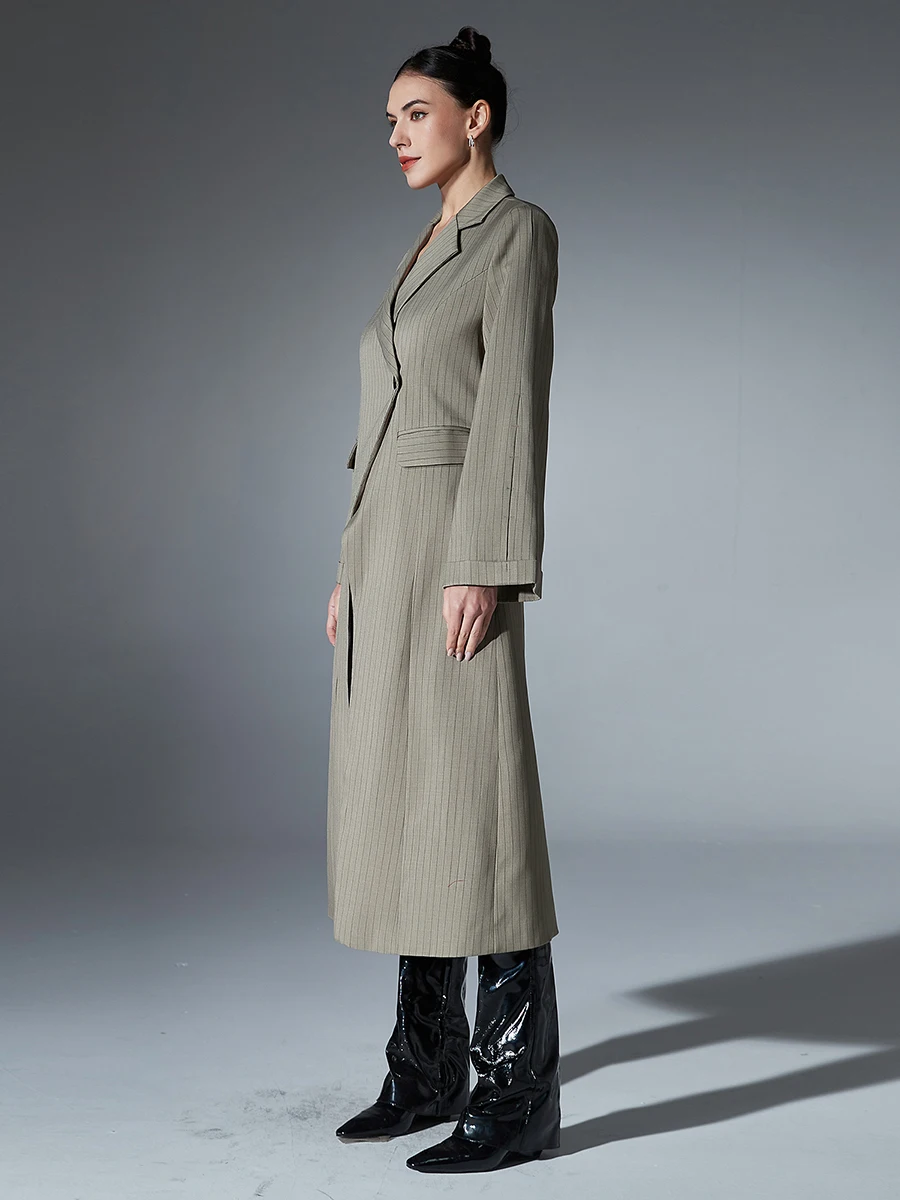 TWOTWINSTYLE Striped Ptchwork Pockets Irregular Trench For Women Lapel Long Sleeve Spliced Button Chic Loose Long Coats Female