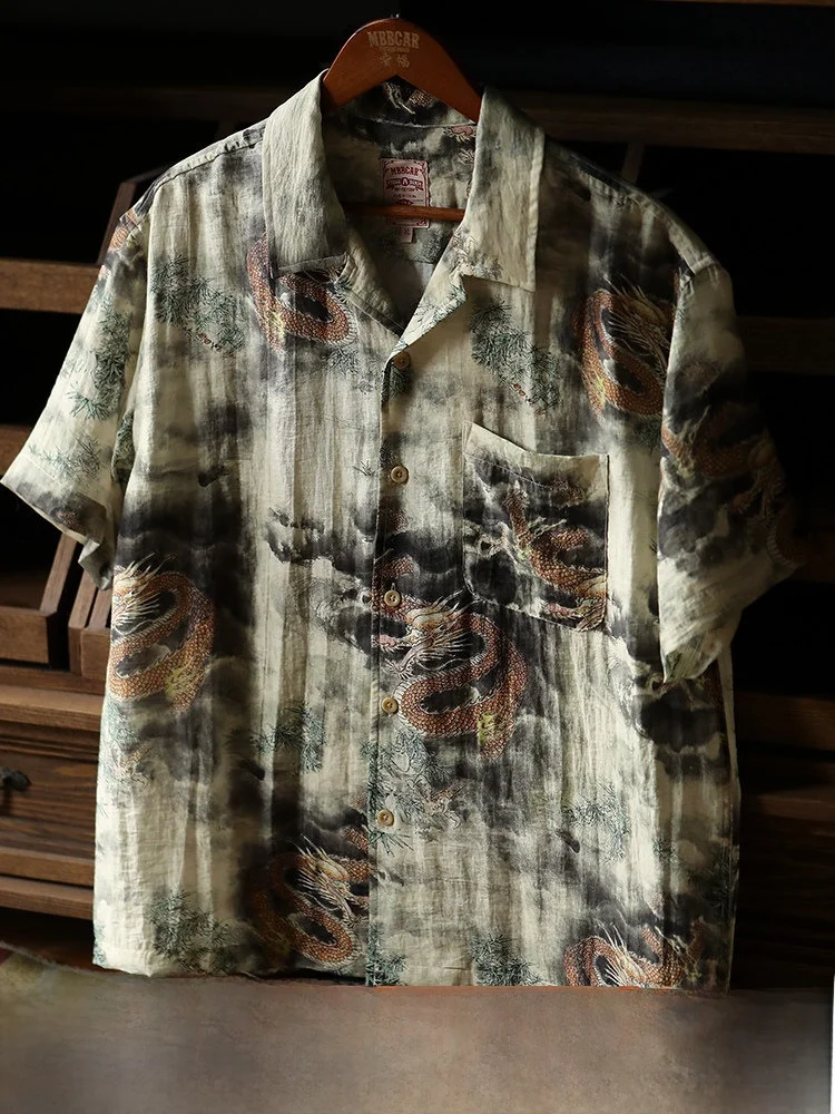 

Льняная рубашка Mbbcar Slim Fit с коротким рукавом, гавайским принтом, винтажная, в стиле мотоциклетной экипировки, с драконом, молодежная, модная, дышащая, летняя