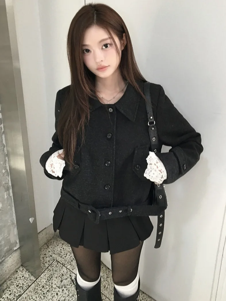 Korean Style Sweet Cool Collar Short Woolen Coat Women Autumn Winter Belted Waist Shortened Waist Coat Korean Style Coat