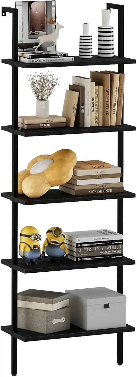 

Ladder Shelf Open 5-Tier Bookshelf Wall-Mounted Bla Wood Bookcase Storage Ra Open Industrial Modern Plant Stand Utility