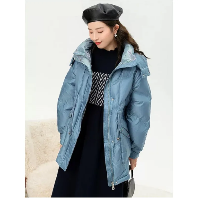 Winter New Fashion Cobalt Blue Hooded Waist Slim Length Down Jacket Female