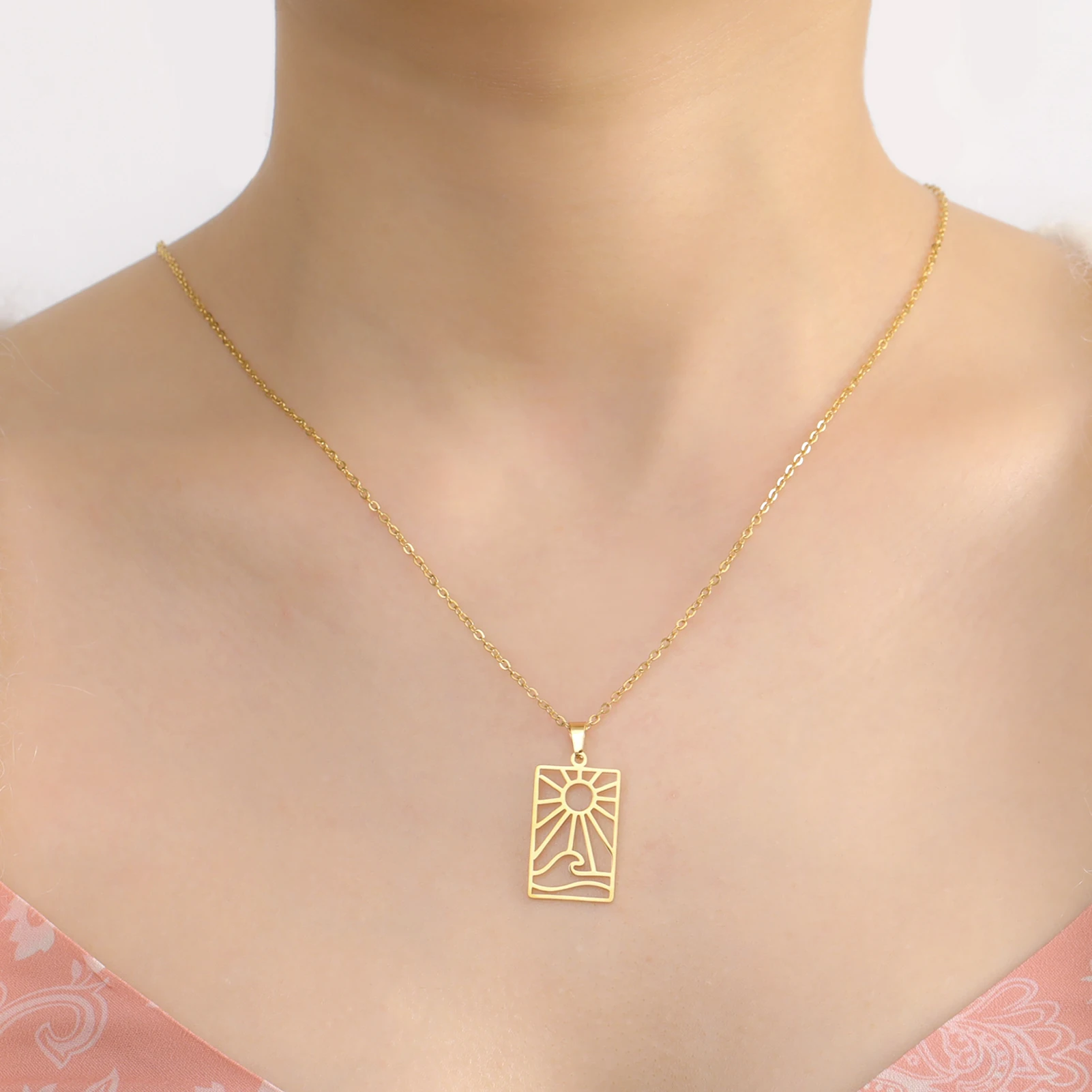 Hollow out Sun Square Brand Necklace Geometric Wave Sunrise Necklace Stainless Steel Minimalist Summer Sun Beach Wave Jewelry