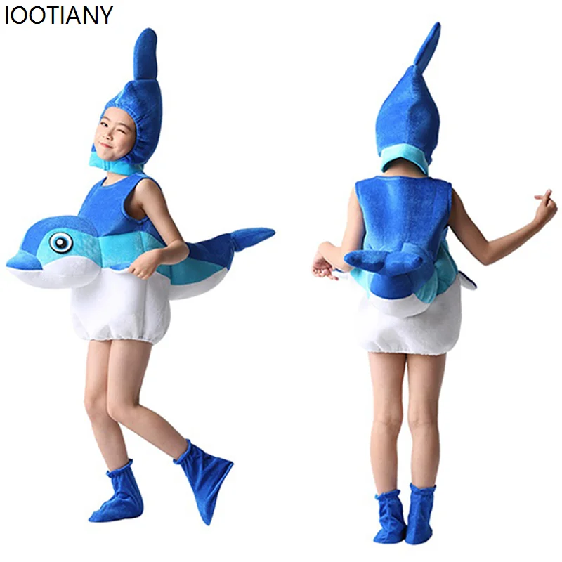 Halloween Kids Dolphin Shark Whale Cosplay Costume Unisex Animal Jumpsuit Carnival Party Dialogue Drama Stage Showing Dress Up