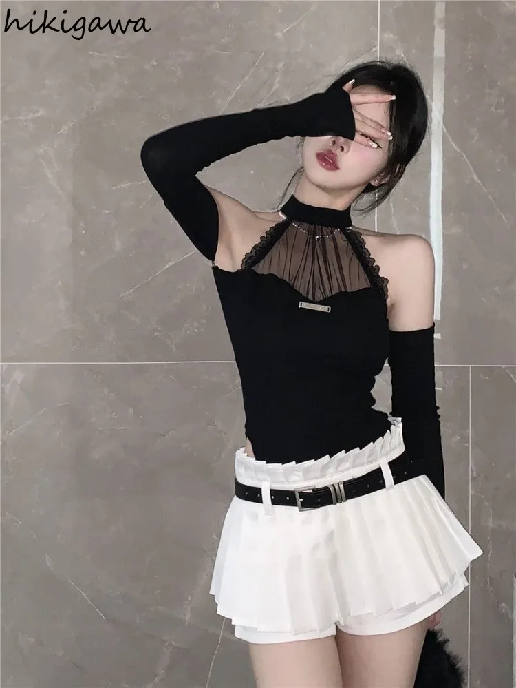 Sexy Lace Y2k Tops Women Tanks Patchwork Gauze Off Shoulder Slim Waist Camis 2025 Ropa Mujer Chic Korean Crop Vest with Sleeve image 6