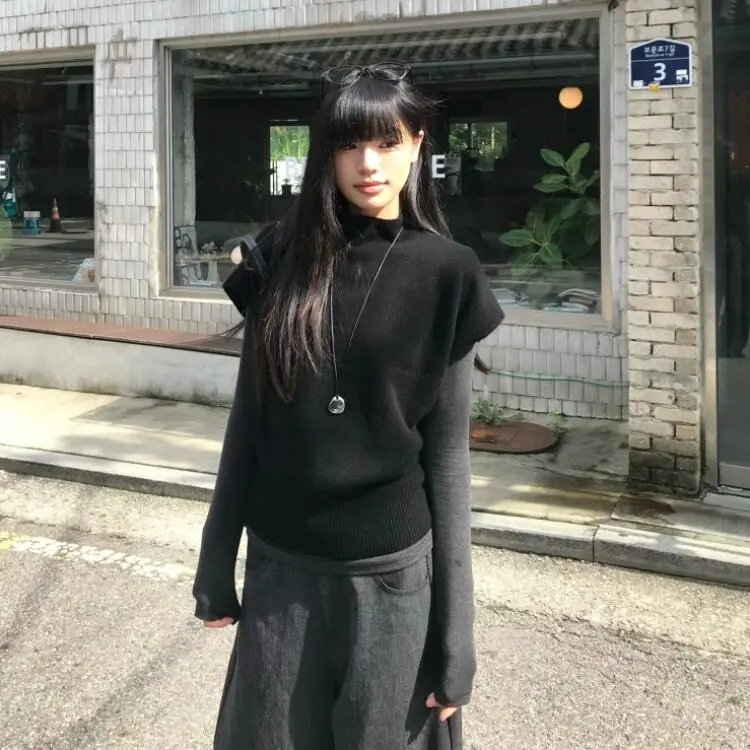 Loose Women's Knitted Vest Top Half High Collar Sleeveless Black Outerwear Spring Autumn Inner Matchings Sweater Vest Tops