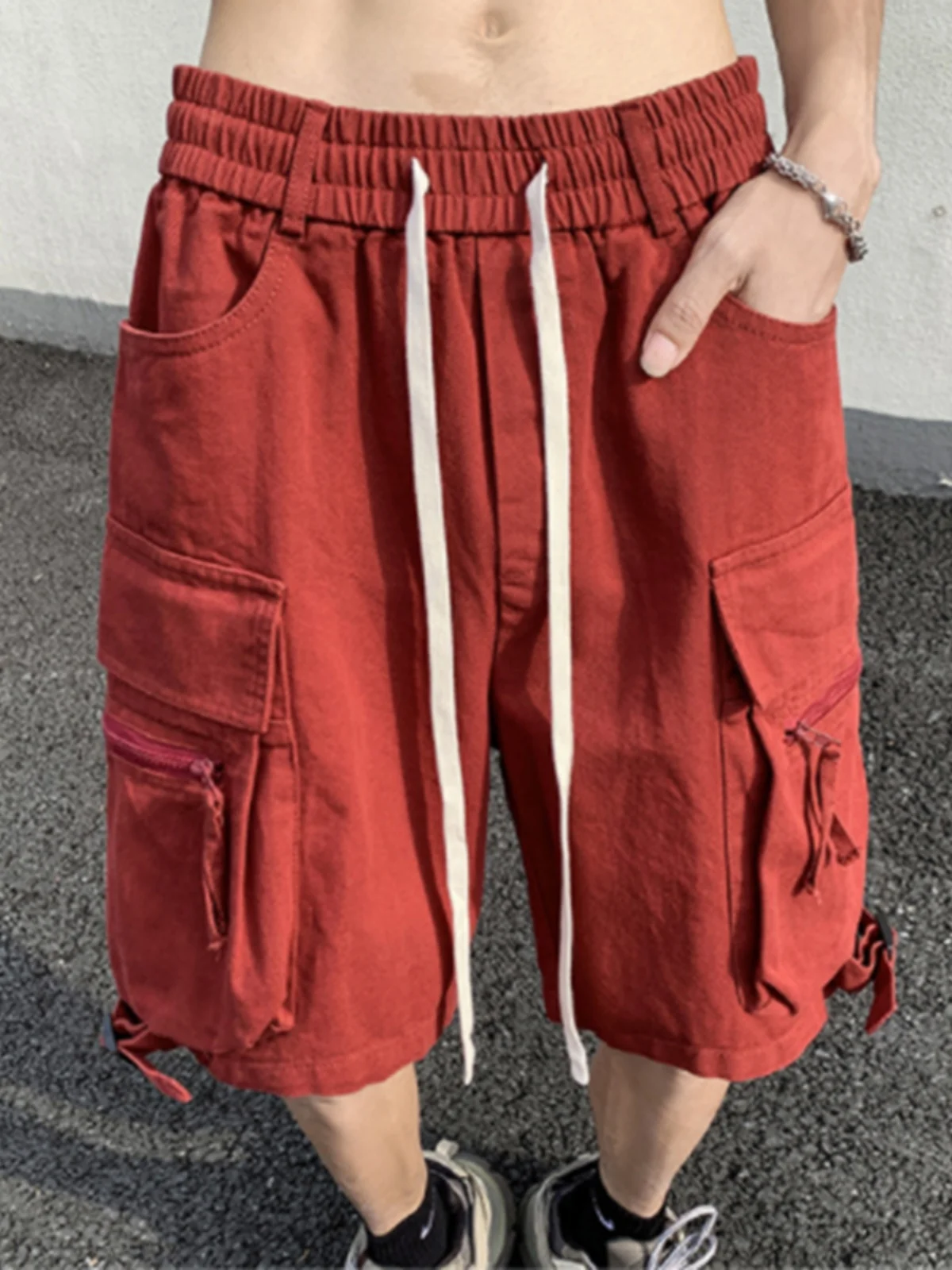 

Американские уличные хип-хоп шорты в стиле рабочей одежды для мужчин, летние, новые, модные, брендовые, с множеством карманов, на шнурке, повседневные брюки свободного кроя, прямые.