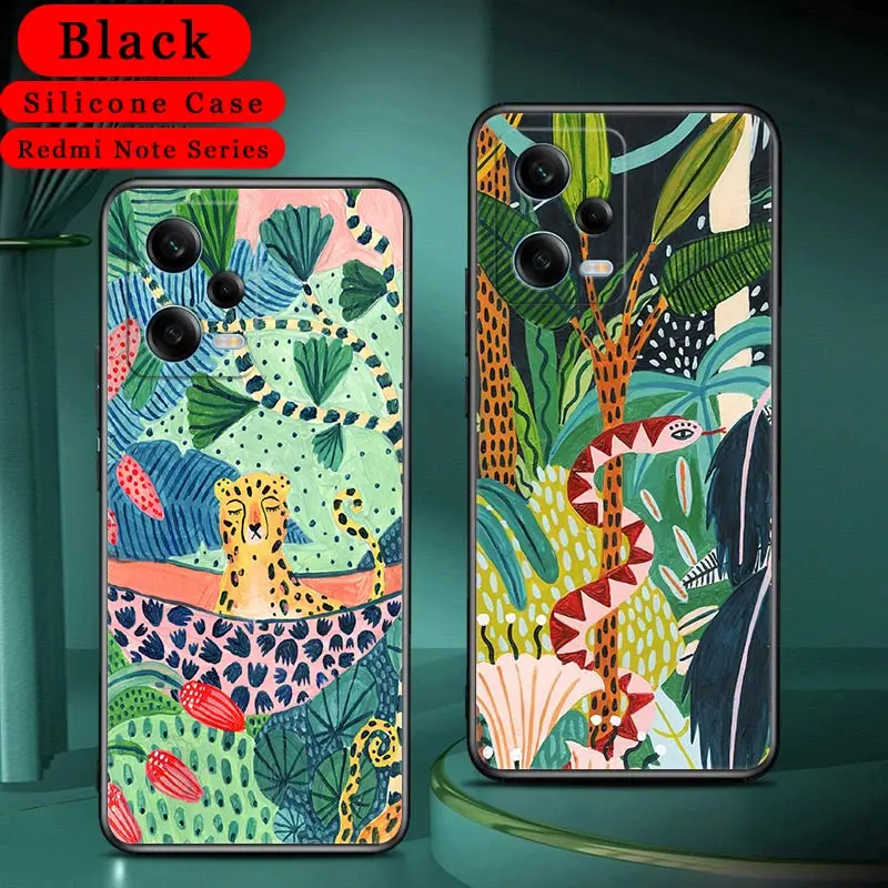 Jungle Art illustration Snake Sloth Case For Xiaomi Redmi Note 13 12 Pro Plus 11 10 9 8 Pro 12S 11S 13C 12C 10C Phone Case Cover