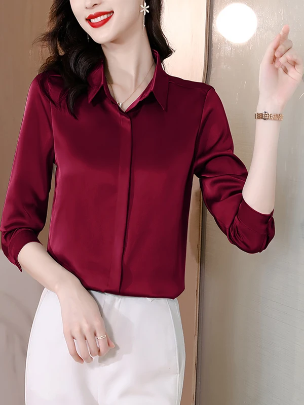 Ele Slimming Long Sve Silk irt Simple Pure Color Outlet Store Women's Faionable Busin Casual  Ne Button up