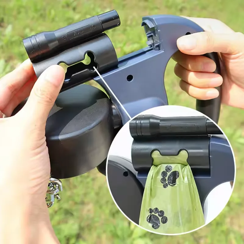 Double Retractable Dog Leash With Flashlight Poop Bag Dispenser 360 Tangle Free Reflective Rope Anti Rust Hook For Small Medium