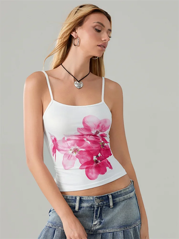 Women Cami Tops Flower Print U Neck Spaghetti Strap Crop Tops Sleeveless Vest Summer Casual Vinatge Sexy Club Tank Top