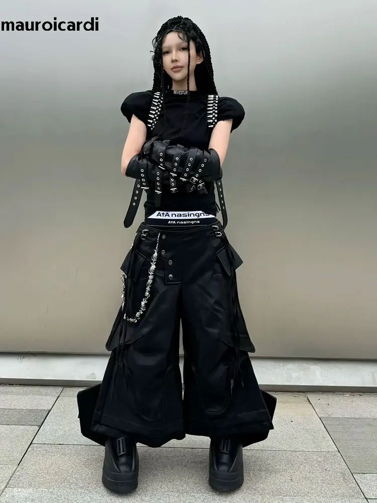 Mauroicardi Spring Autumn Cool Black Pu Leather Wide Leg Calf-Length Pants for Men Luxury Brands Designer Original Clothes 2026