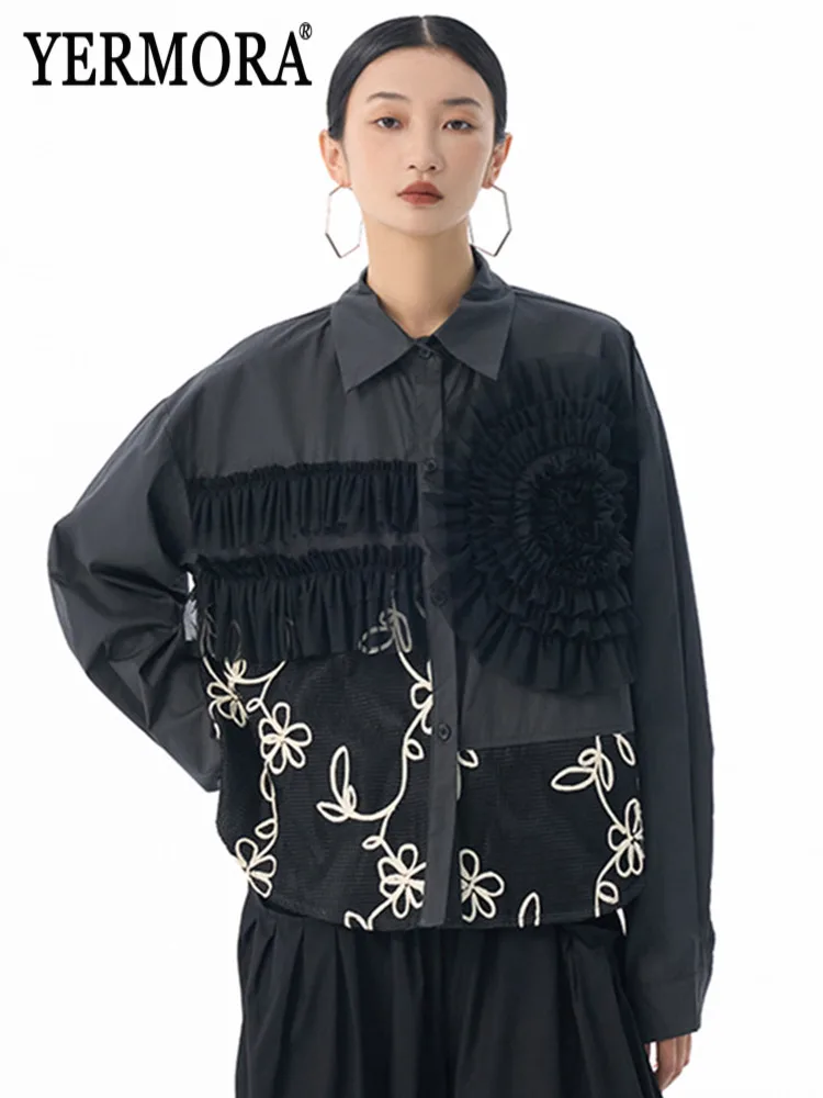 

YERMORA Black Irregular Spliced Flower Mesh Blouse For Women Lapel Long Sleeve Loose New Shirt Fashion Tide Spring Autumn 2025