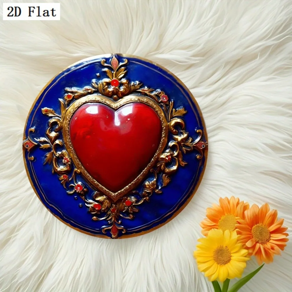 Romantic Heart Metal Wall Art Decor - Vintage Baroque Style Framed Red Heart, Easy-Hang 2D Flat Sign for Home, Bedroom, Bathro