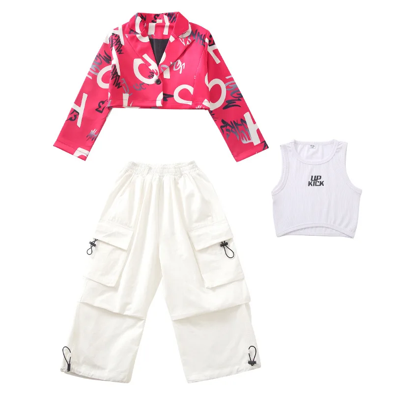 Kid Kpop Hip Hop Clothing Pink Letters Crop Jacket Top White Street Parachute Cargo Pants for Girl Jazz Dance Costumes Clothes
