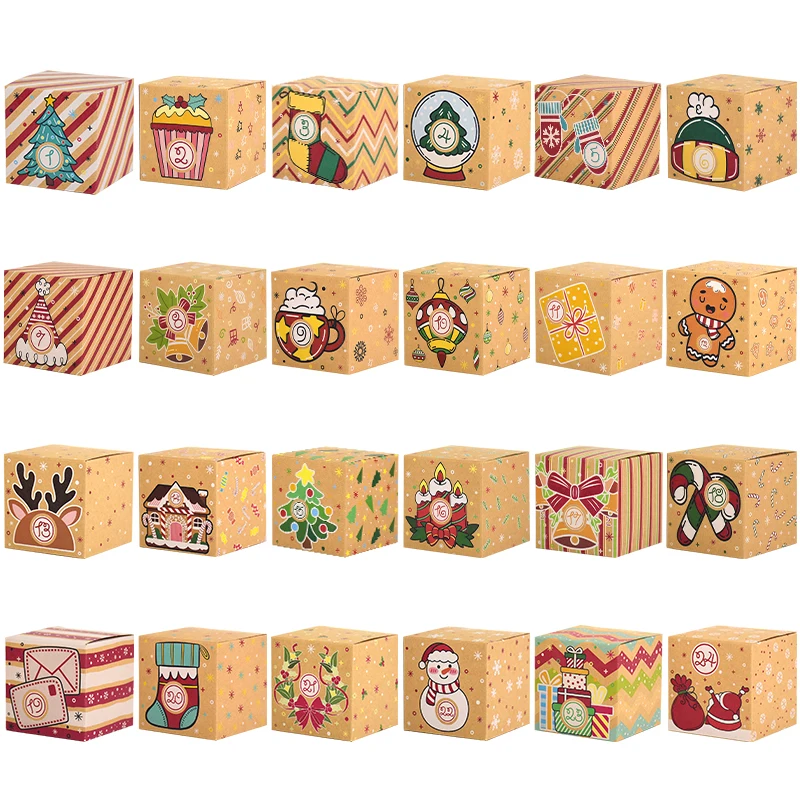 24 Digits Christmas Advent Calendar Gift Packaging Candy Boxes Santa Countdown Kraft Paper Gift Box For Home Kids New Year Gifts