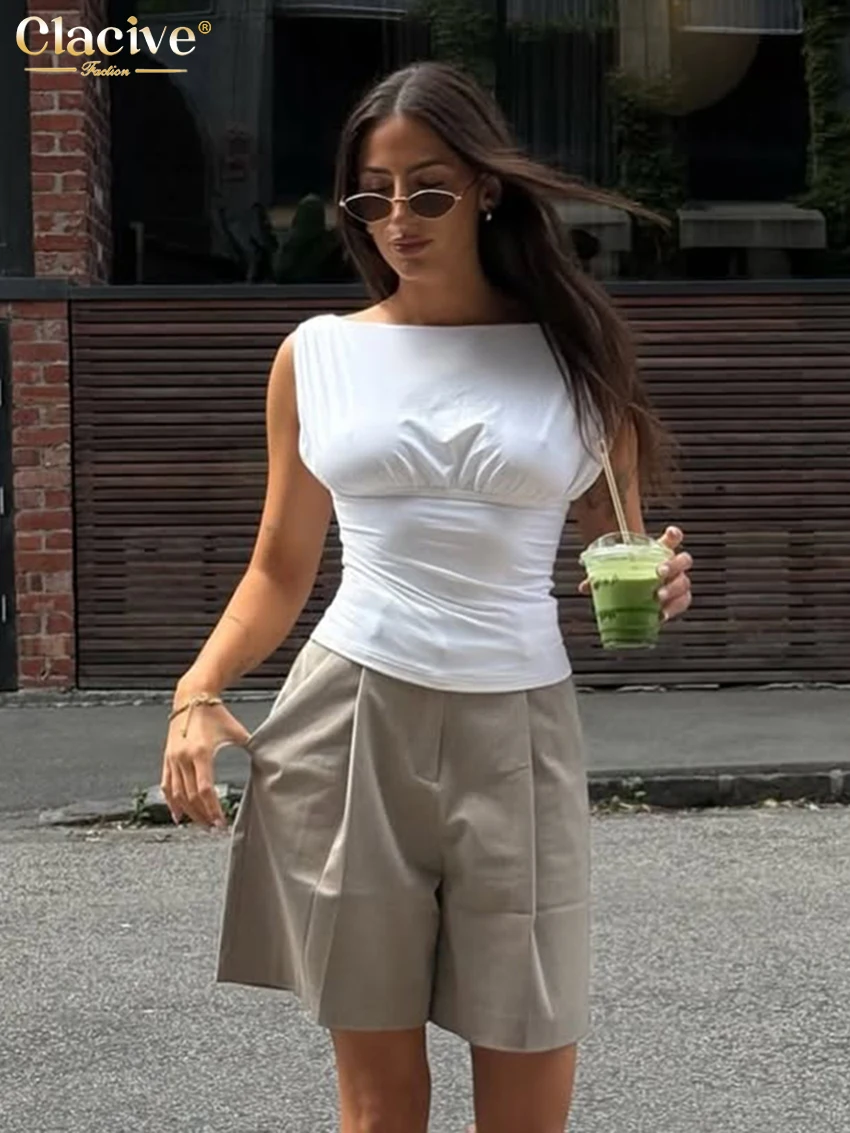 

Clacive Fashion Slim White Women's Tank Top 2026 Summer O-Neck Sleeveless Vest Lady Elegant Classic Solid Top Female Clothing