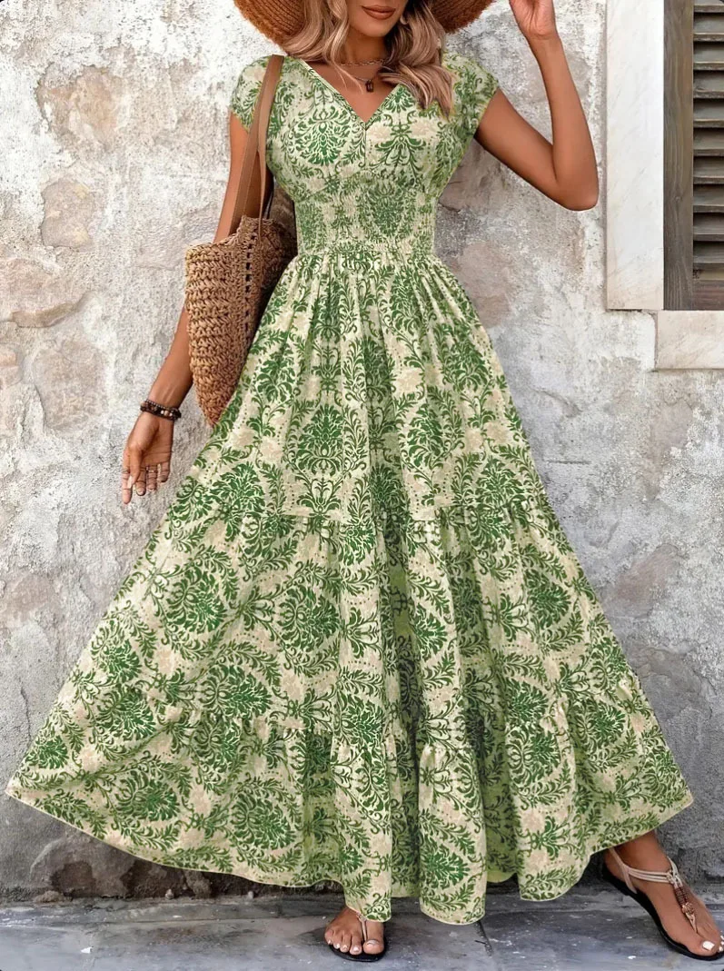 

Women's Summer Casual Bohemian Fashion Elegant Loose Waist Print V-neck Short Sleeved Pendant A-line Large Swing Dress