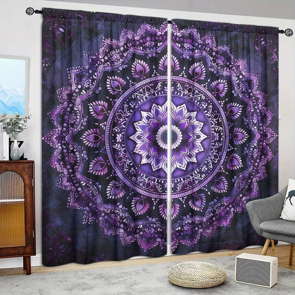 2pcs Purple Black Mandala Printed Curtain for Home Decor - Rod Pocket Window Treatment for Bedroom, Office, Kitchen, Living Room