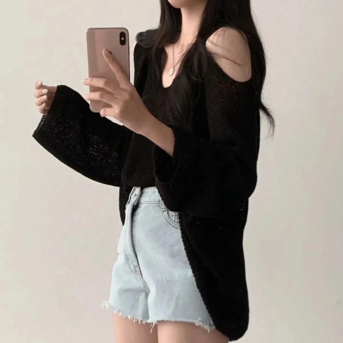 GIDYQ Oversize Off Shoulder Sweater Women V Neck Long Sleeve Thin Knitwear Korean Retro Loose All Match Casual Pullovers New