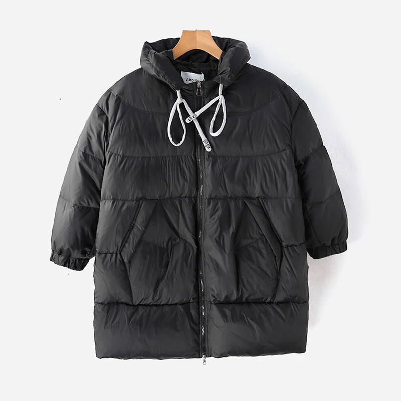 Winter Hooded Loose Mid Length Down Jacket Women White Duck Down Solid Waterproof Parker Outwear Female Thick Warm Pocket Jacket