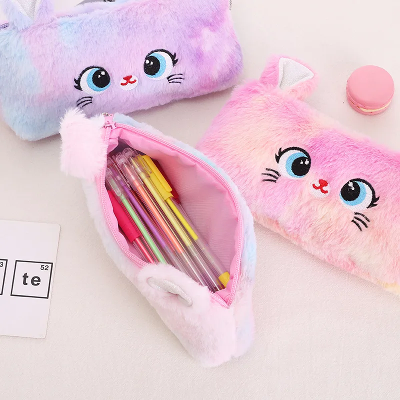 Kawaii Cartoon Schattige Kat Pluche Zakje Etui Rits Pluizige Grote Capaciteit Pen Tas School Briefpapier Cosmetica Opbergtas