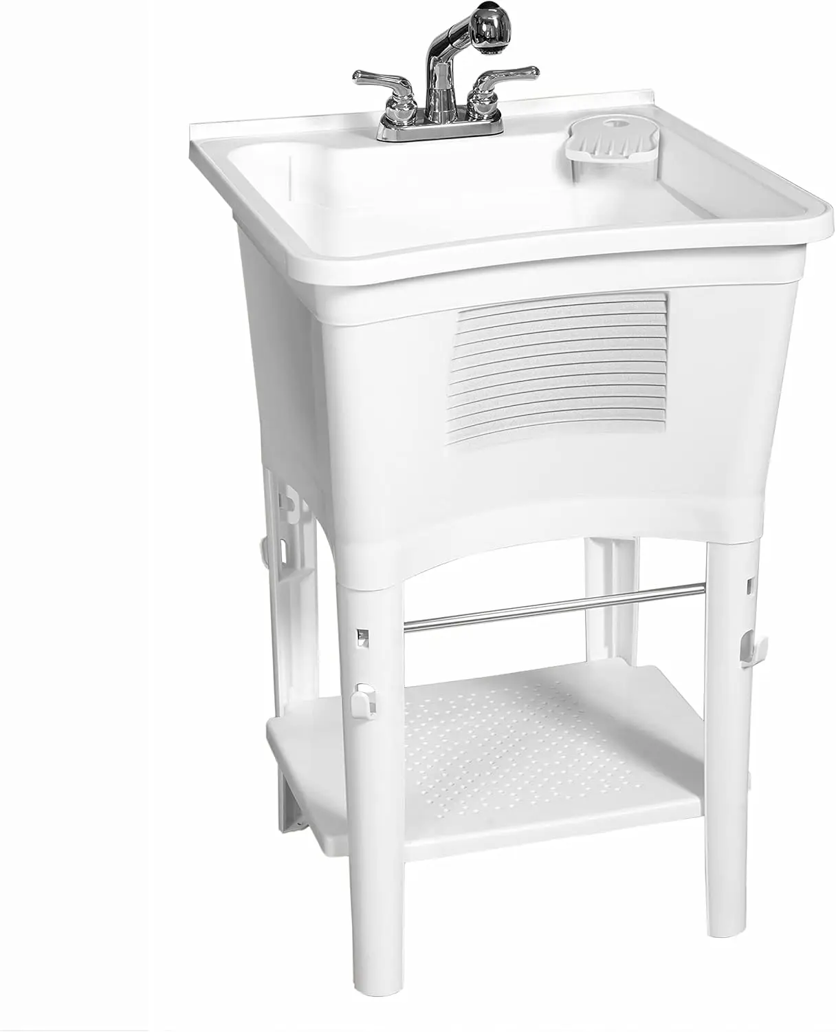 

Freestanding Laundry Sink 24' W, Indoor Outdoor Utility Tub with Pull-Out Faucet & Towel Bar, White