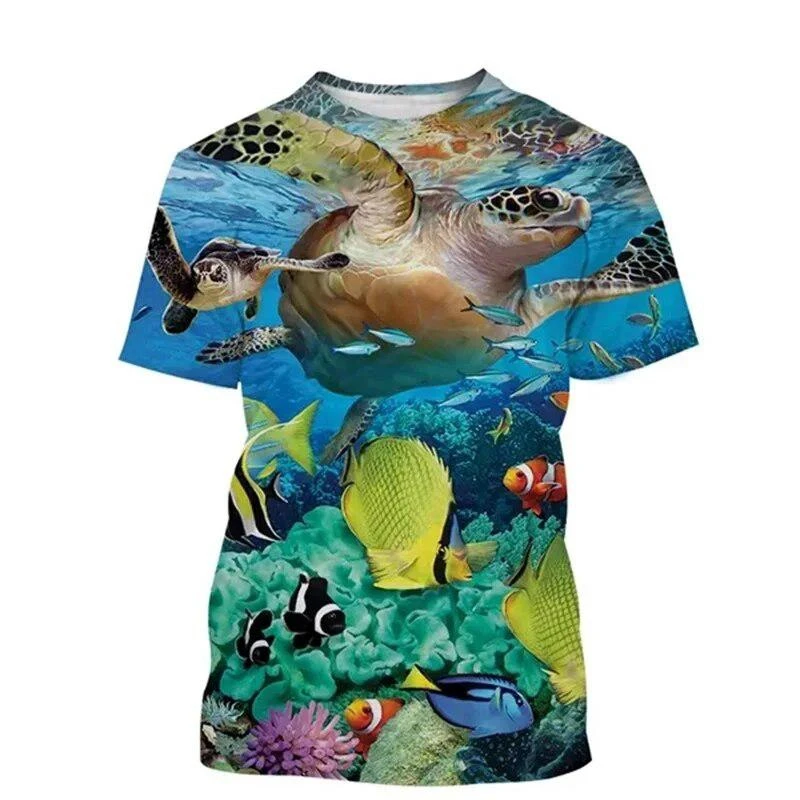 Underwater World Animal T-shirt Men's Clothing 3D Print Funny Sea Tortoise T Shirts Casual Harajuku Outdoor Trend Round Neck Tee