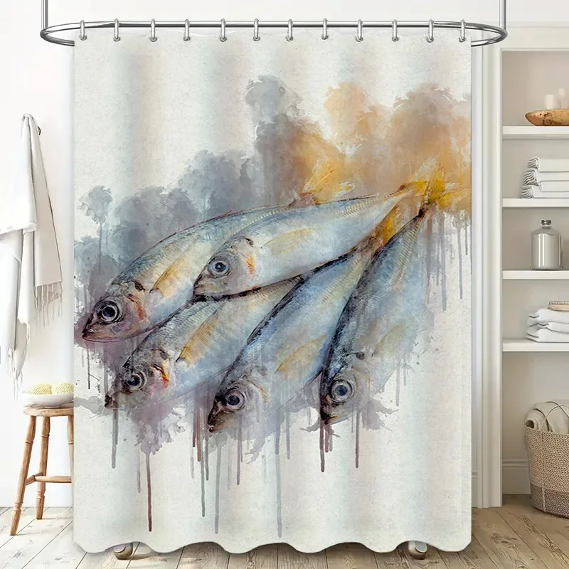 

ZHL22Modern Bathroom Waterproof Decor Shower Curtain featuring Fish Painting Luxury Home Decor Custom Size Available2Ol%