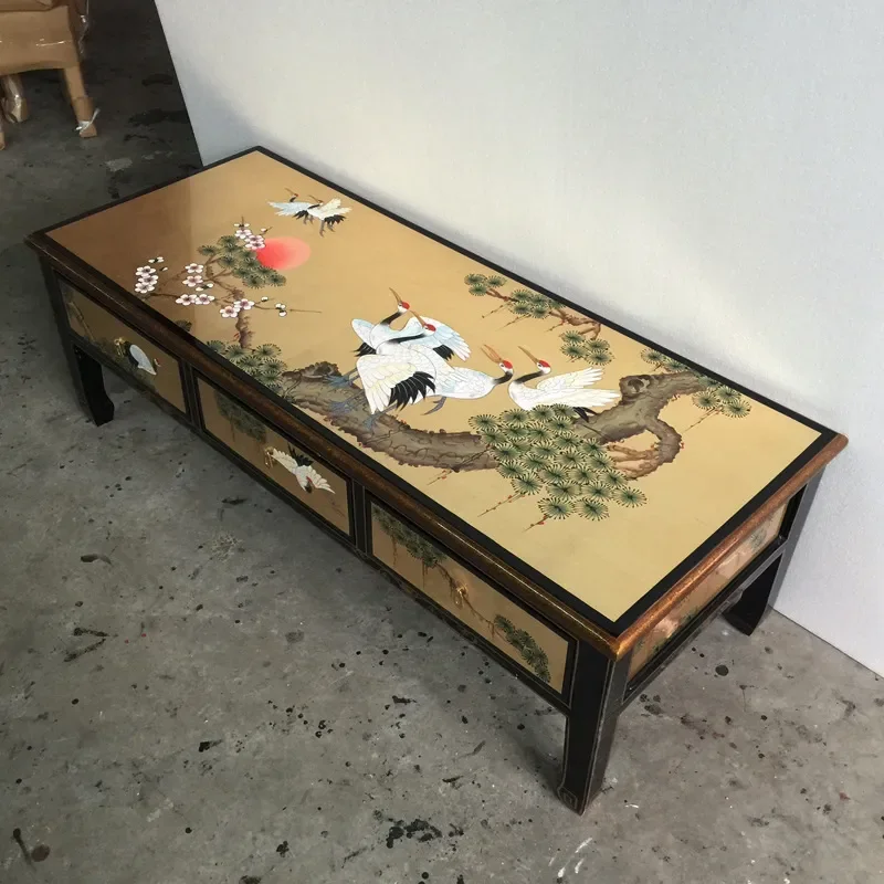 1.2m High Gold Foil Three Tier Large Coffee Table Hand Painted Songhe Yannian Ming Qing Classical Furniture Bright Baking
