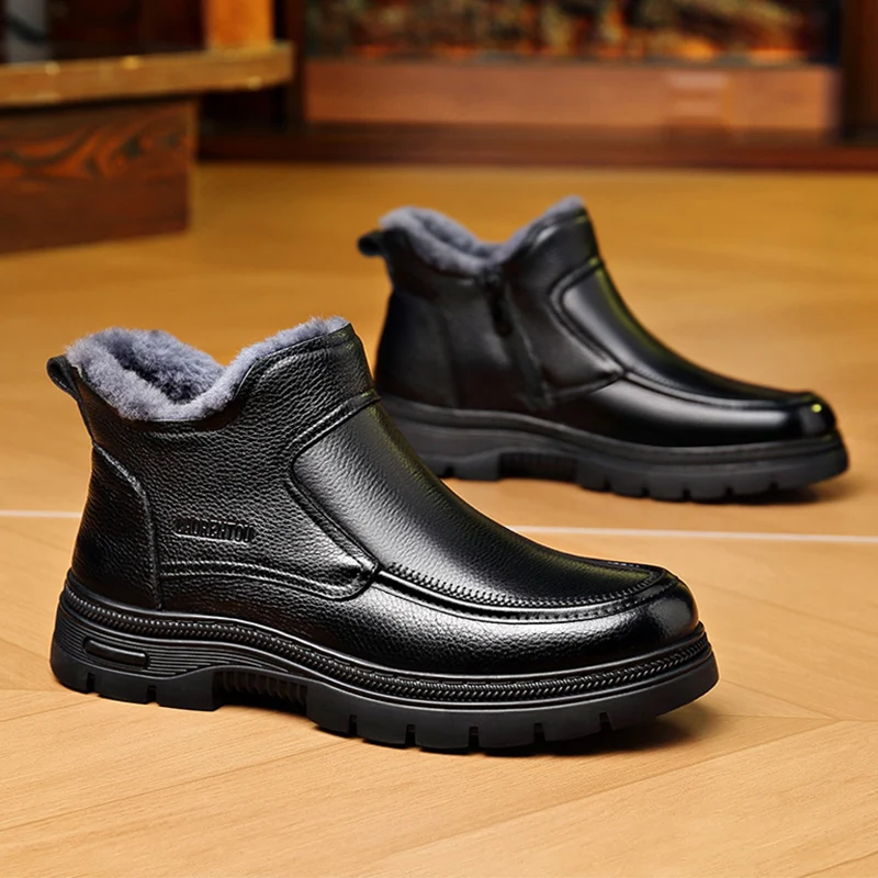 2025 Winter Genuine Leather Shoes Men Chelsea Boots Fashion Brand Shoes Warm Plush Mens Ankle Botas Flat Non-slip Black D727