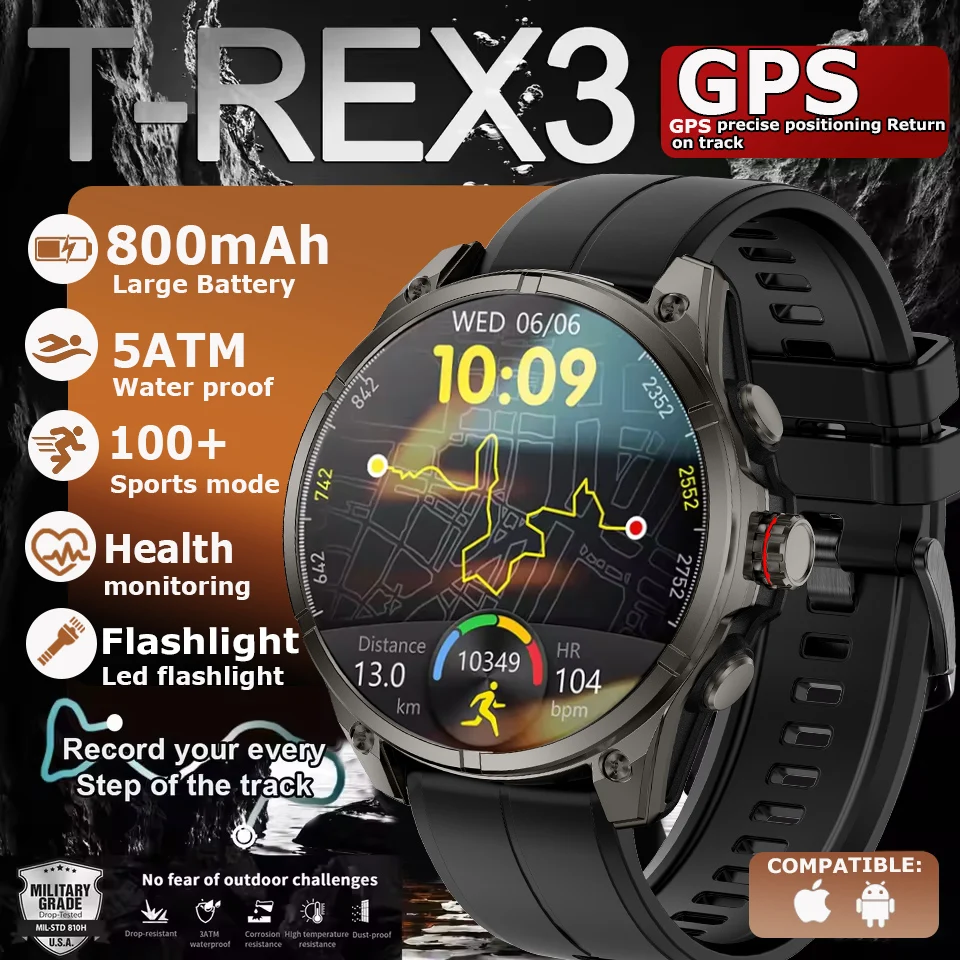 

New T-Rex 3 GPS Smart Watch 1.43" AMOLED 5ATM Waterproof Built-in Dual-band GNSS Compass Military Sport Smartwatch Men Bracelet