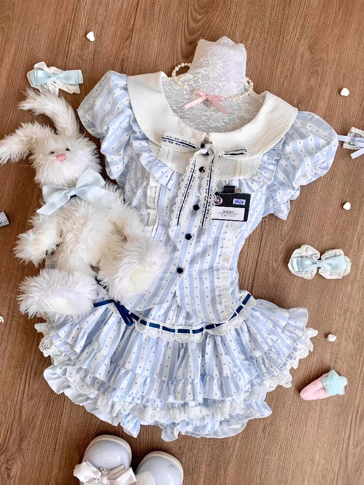 Estate giapponese Kawaii Lolita elegante set da 2 pezzi da donna stile preppy Y2k design gonna abito femminile principessa dolce chic abiti