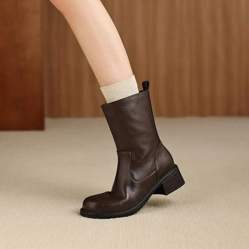 Krazing Pot New Cow Skin Round Toe Med Heels Zipper Modern Boots Keep Warm Winter Shoes High Quality European Design Ankle Boots