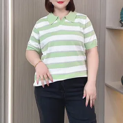 Summer Knit Top POLO Collar Women Tees Plus Size Casual Slim Striped Short Sleeve Ice Silk T-shirt