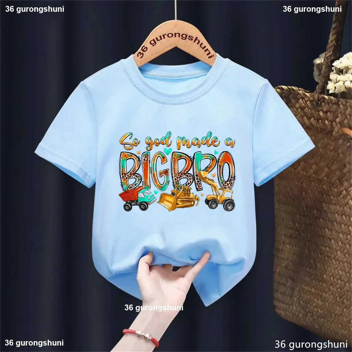 

Kawaii Kids Clothes Leopard So God Made A Big Bro Excavator Truck Graphic Printed Tshirt Boys Summer Tops Solid T-Shirt