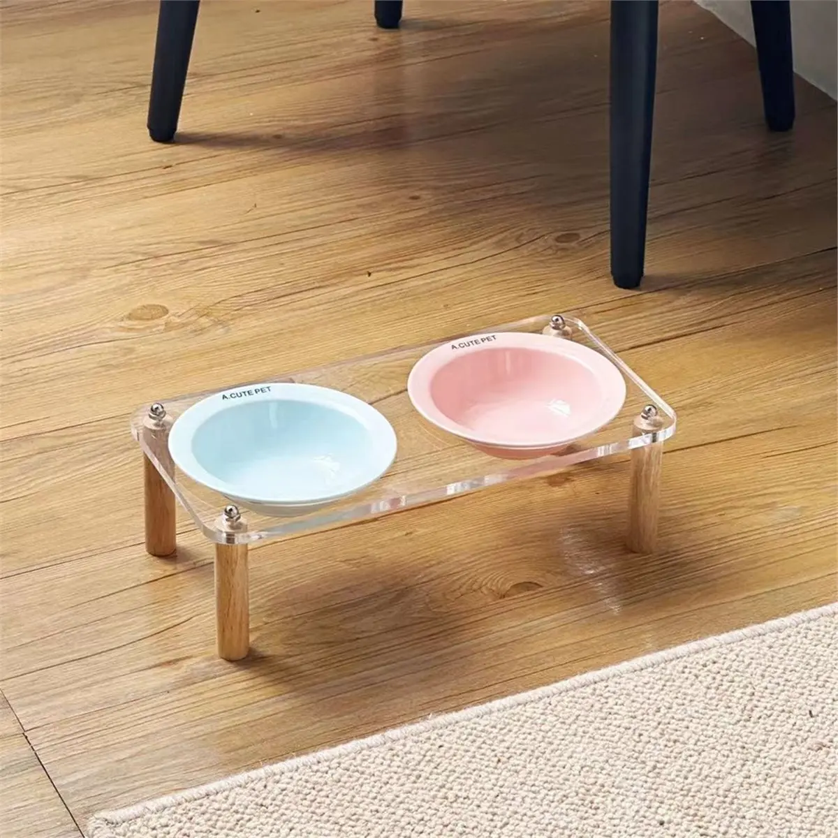 

(FDDT) Acrylic Double Bowl High-Legged Di Pet Feeder Anti-Tip Dog Basin Cerc Food Bowl Feeder High-Legged Design B