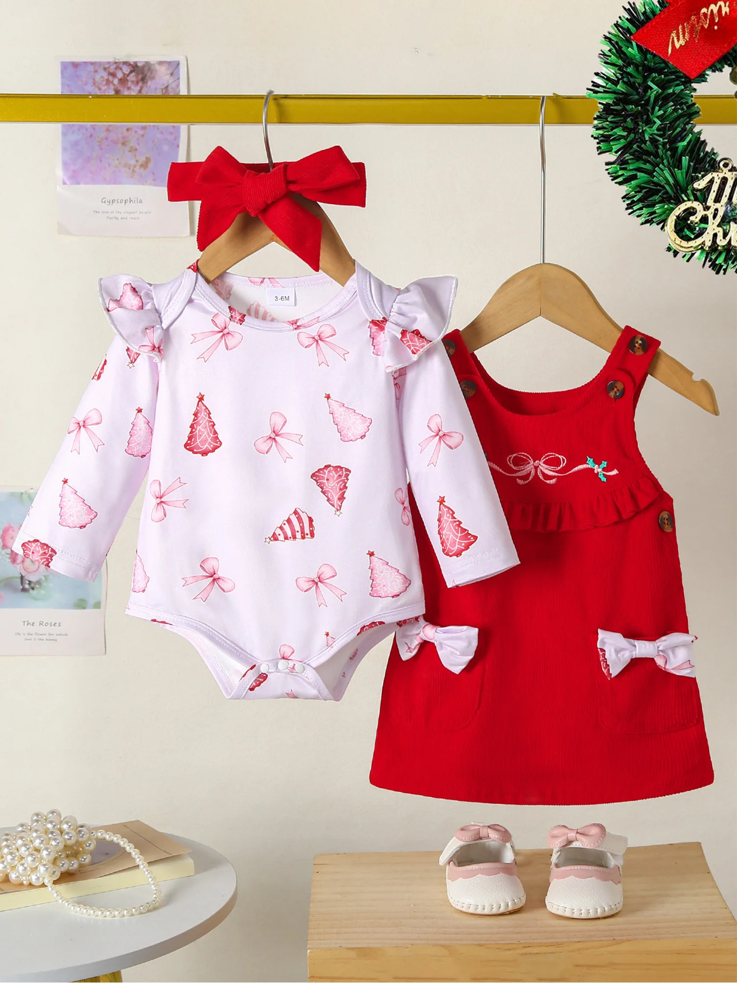 ملابس للفتيات الصغيرات الرضع بأكمام طويلة رومبير مطبوع لطيف مع أقواس مطرزة فستان قصير لحفلات أعياد الميلاد وأعياد الميلاد