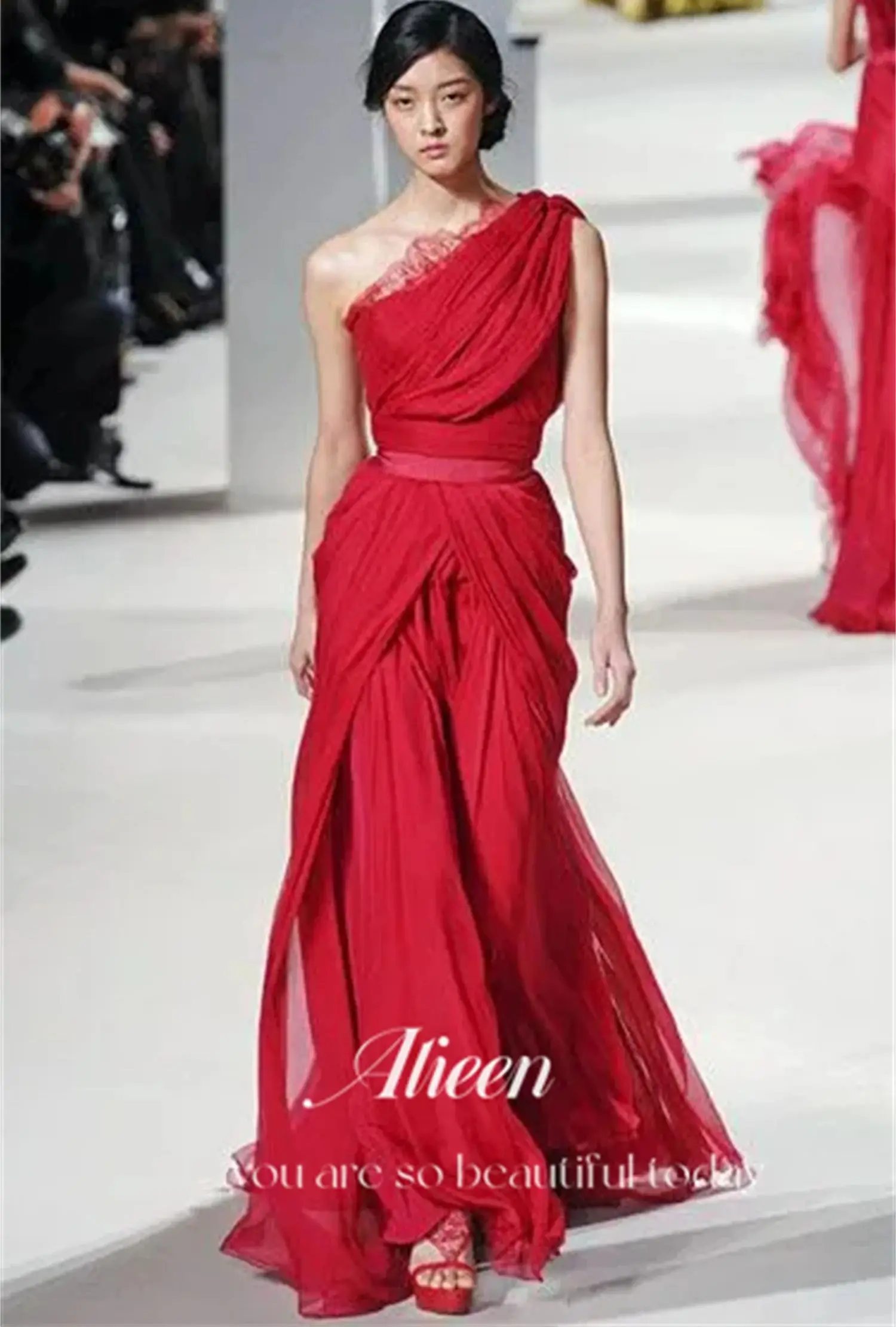 Aileen Red Lace Catwalk One Shoulder Grace Multi-layer Gala Dress Woman Elegant Gowns Evening Dresses Luxury 2023 Woman\'s Prom