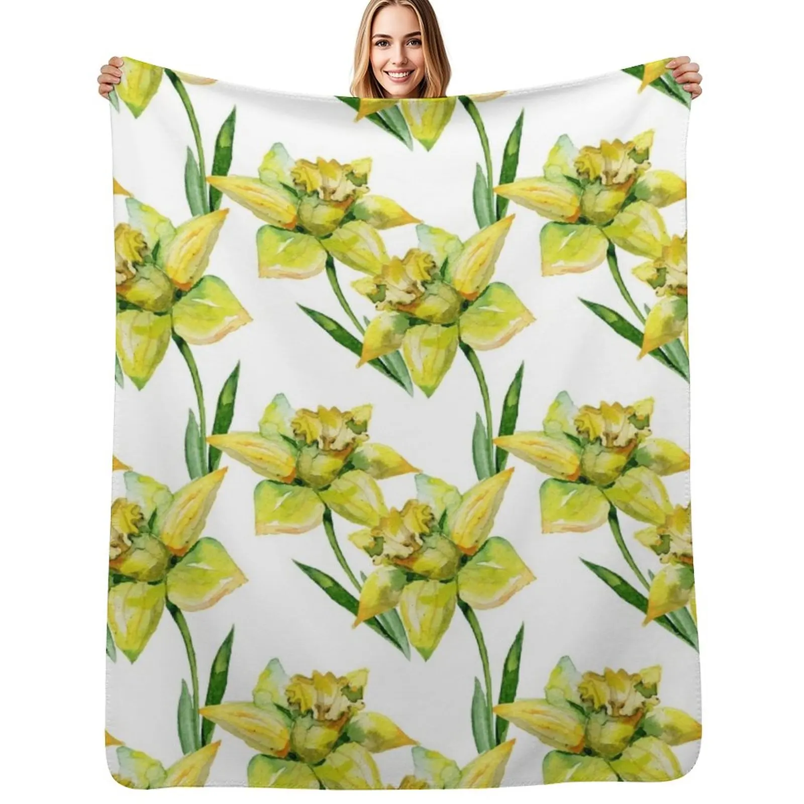 Spring hand painted yellow green watercolor daffodils floral Throw Blanket Warm Plush Fuzzy Blanket for Living Room
