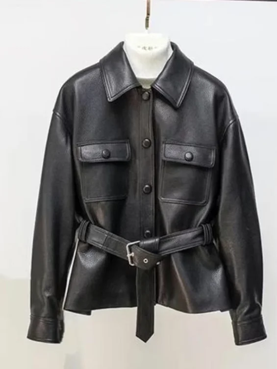 Giacca in Vera Pelle Nera da Donna, Stile Commuter, Cappotto in Pelle di Pecora, Nuova Collezione Autunnale, Taglia Piccola